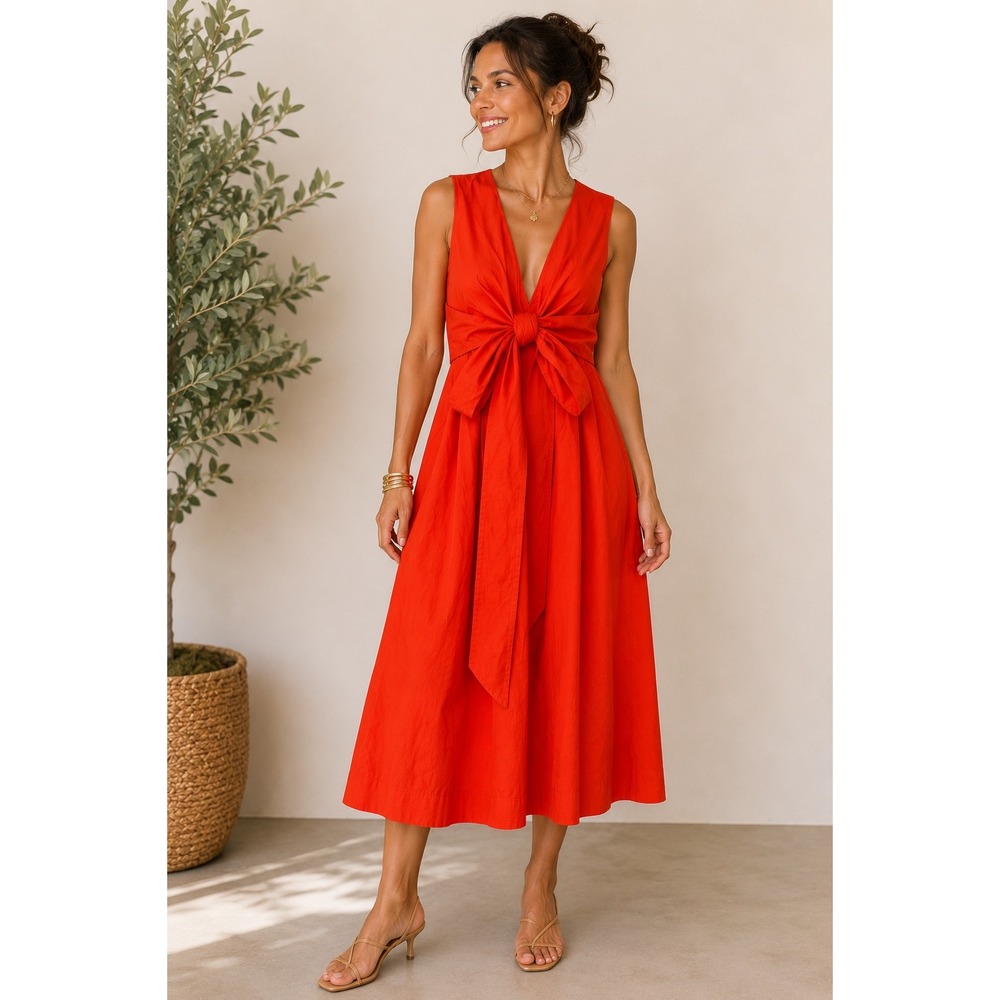J.‎ Crew Bright Orange Tie Front Midi Dress Sleeveless Cotton Blend Size 4